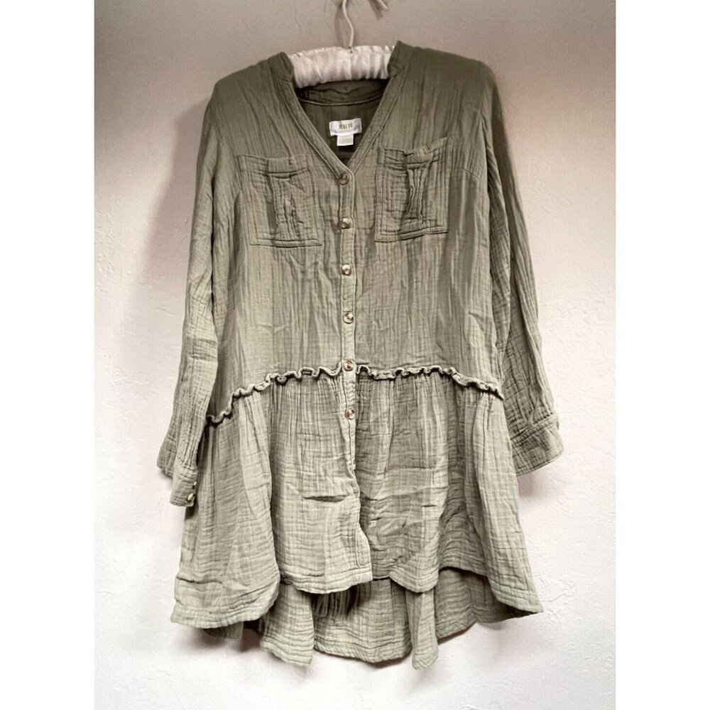 Anthropologie Maeve Sz 0P Katie Textured Utility Tunic Dress Moss Green Pockets